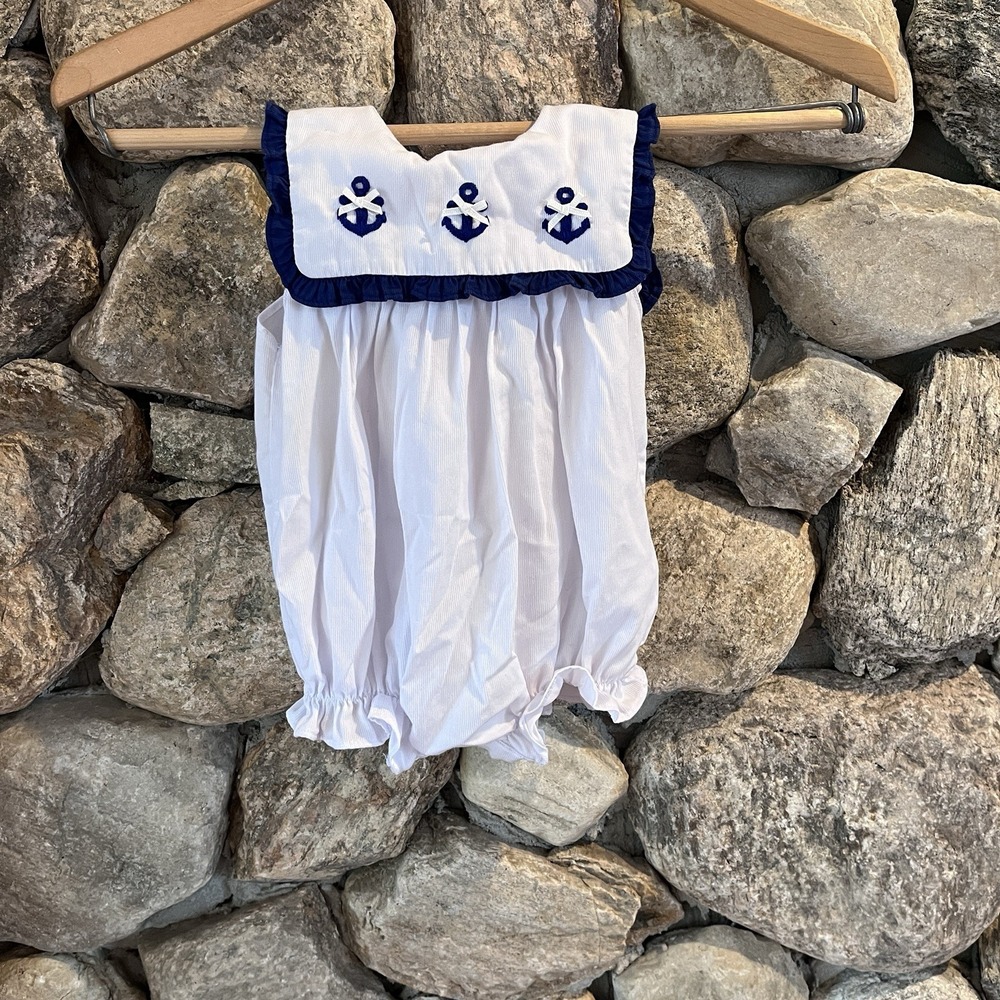 Cecil and Lou Sailor Bob Smock Romper White Blue 6M Sleeveless Corduroy Girl